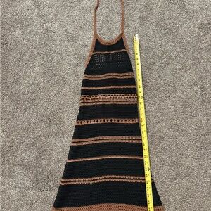 Black and Brown Striped Crochet Halter Midi Dress